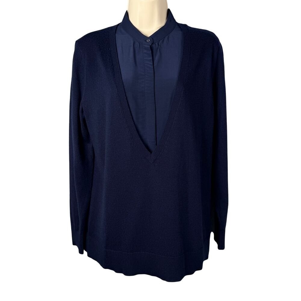 Club Monaco Sweater Top Small Wool Blend Navy Twofer Layered Blouse Minimalist